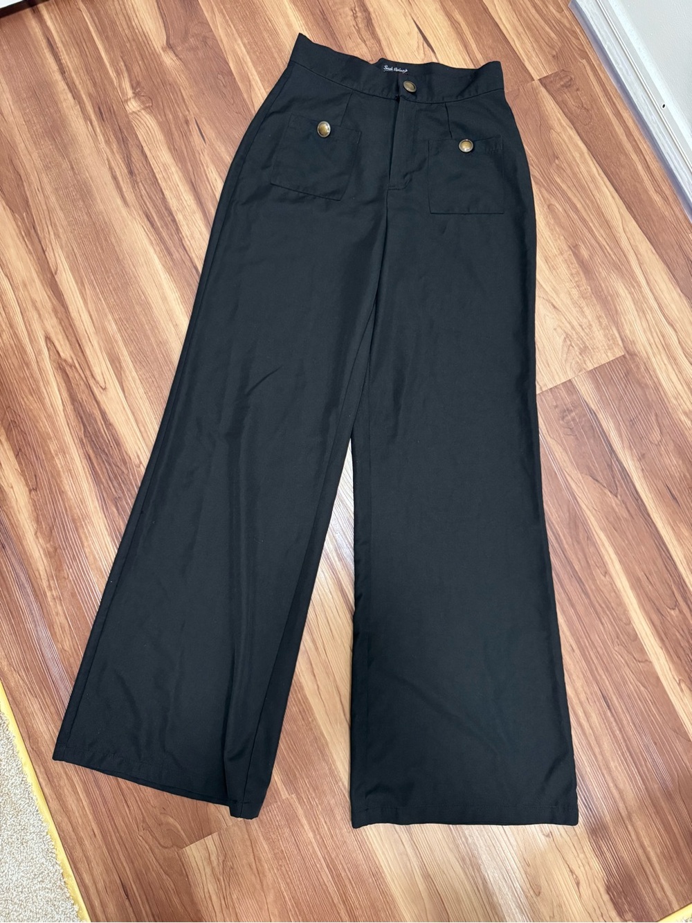 High-Rise Black Wide-Leg Women's Pants with Button Pocket Detail